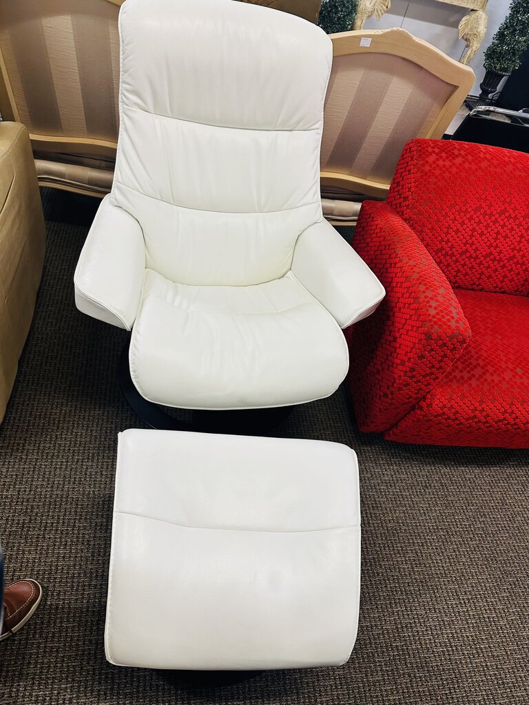 White Leather Reclining Chair + Ottoman