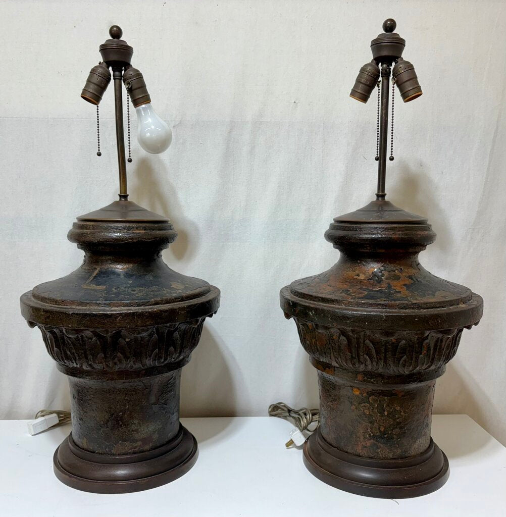 Mid 20th C. Neoclassical Corinthian Style Cast Iron Bronze Finish Table Lamp (PAIR) Very Heavy!