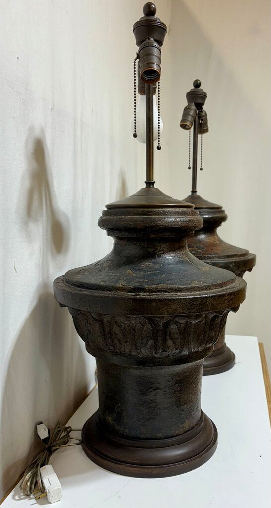 Mid 20th C. Neoclassical Corinthian Style Cast Iron Bronze Finish Table Lamp (PAIR) Very Heavy!