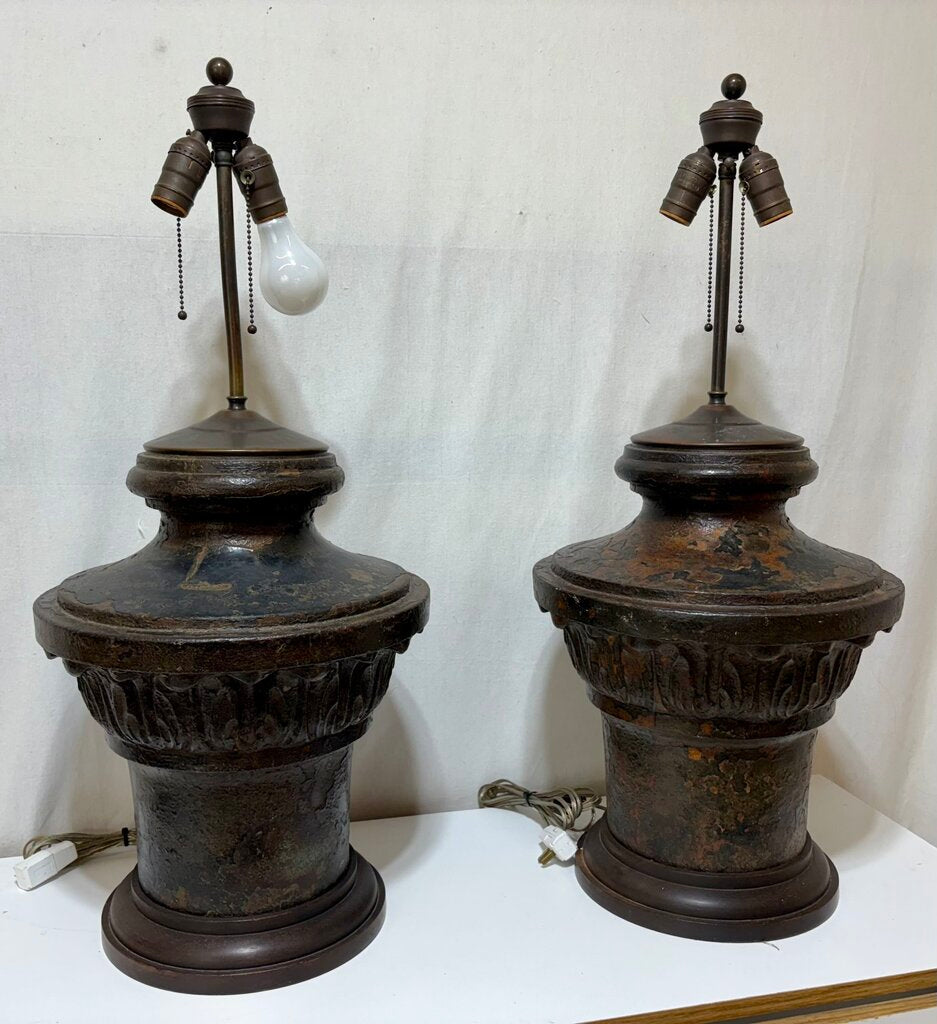 Mid 20th C. Neoclassical Corinthian Style Cast Iron Bronze Finish Table Lamp (PAIR) Very Heavy!