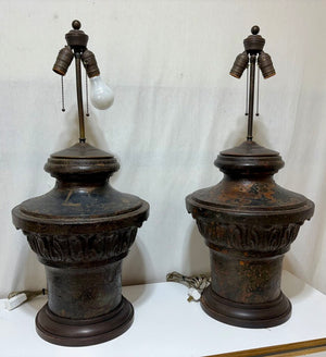 Mid 20th C. Neoclassical Corinthian Style Cast Iron Bronze Finish Table Lamp (PAIR) Very Heavy!