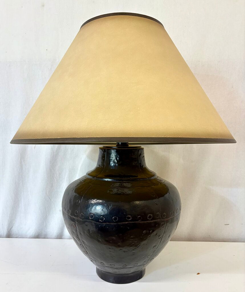 Leonard R Foss Style Brutalist Rivited Black Metal Globe Shape Table Lamp