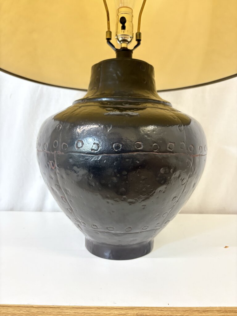Leonard R Foss Style Brutalist Rivited Black Metal Globe Shape Table Lamp