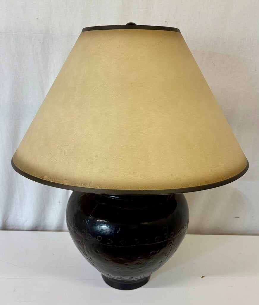 Leonard R Foss Style Brutalist Rivited Black Metal Globe Shape Table Lamp