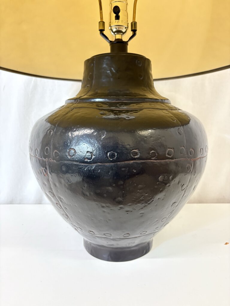 Leonard R Foss Style Brutalist Rivited Black Metal Globe Shape Table Lamp