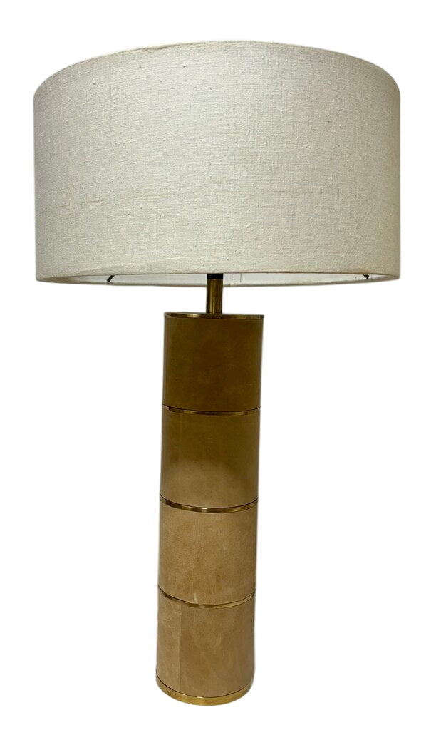 Santa Barbara Design Center Brass & Tan Suede Cylinder Table Lamp by Miss Daisy's Consignment & Auction House