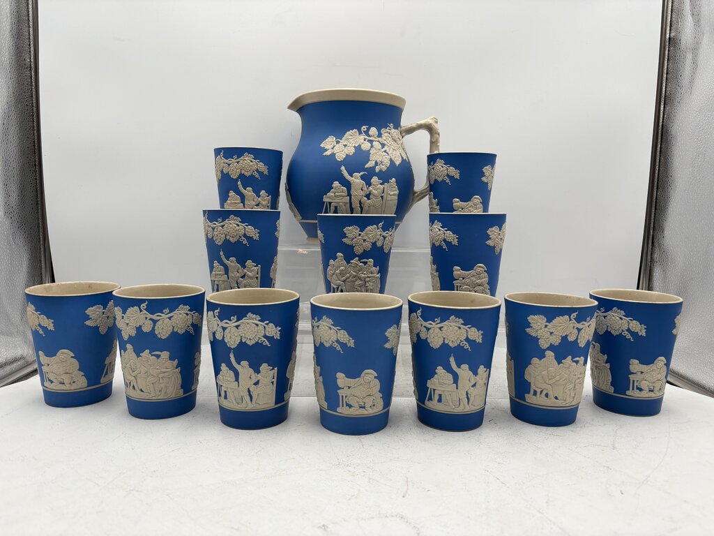Antique Copeland Spode England Blue Sprigged Tavern Scene Jasperware Pitcher & Tumbler Set (13pcs)