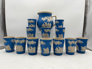 Antique Copeland Spode England Blue Sprigged Tavern Scene Jasperware Pitcher & Tumbler Set (13pcs)