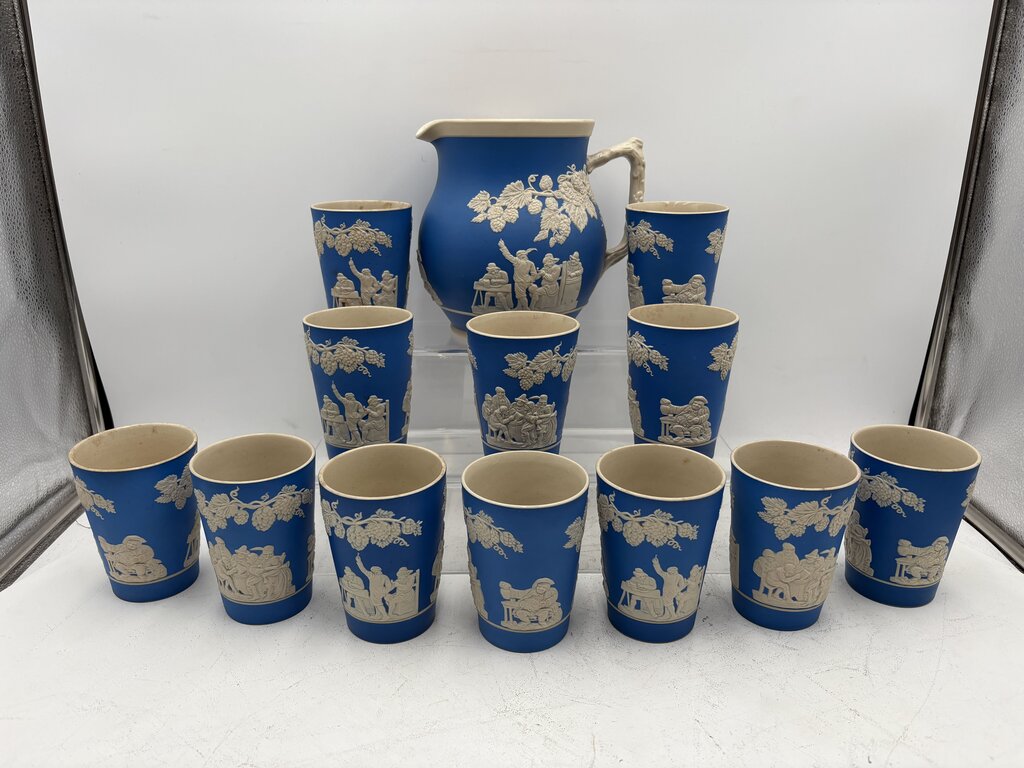 Antique Copeland Spode England Blue Sprigged Tavern Scene Jasperware Pitcher & Tumbler Set (13pcs)