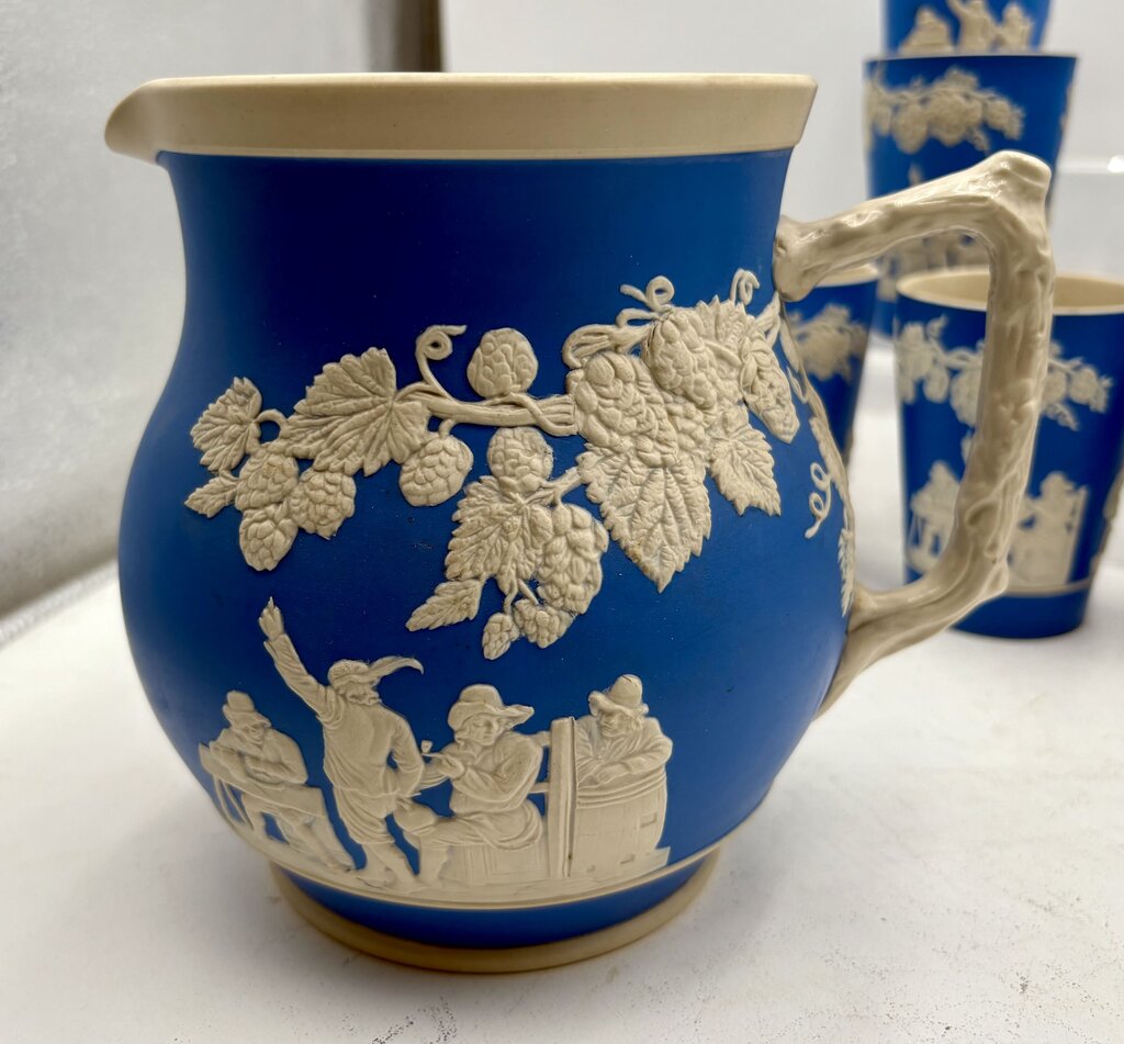 Antique Copeland Spode England Blue Sprigged Tavern Scene Jasperware Pitcher & Tumbler Set (13pcs)