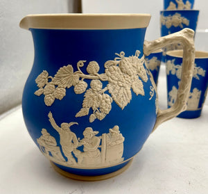 Antique Copeland Spode England Blue Sprigged Tavern Scene Jasperware Pitcher & Tumbler Set (13pcs)