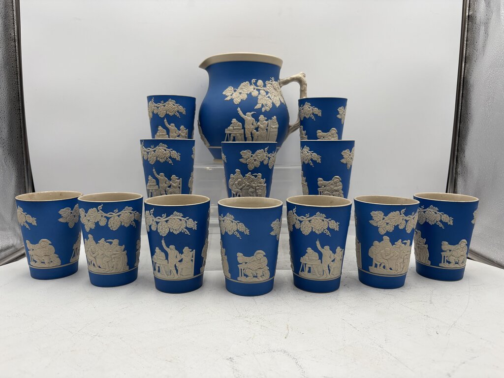 Antique Copeland Spode England Blue Sprigged Tavern Scene Jasperware Pitcher & Tumbler Set (13pcs)