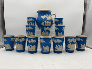 Antique Copeland Spode England Blue Sprigged Tavern Scene Jasperware Pitcher & Tumbler Set (13pcs)