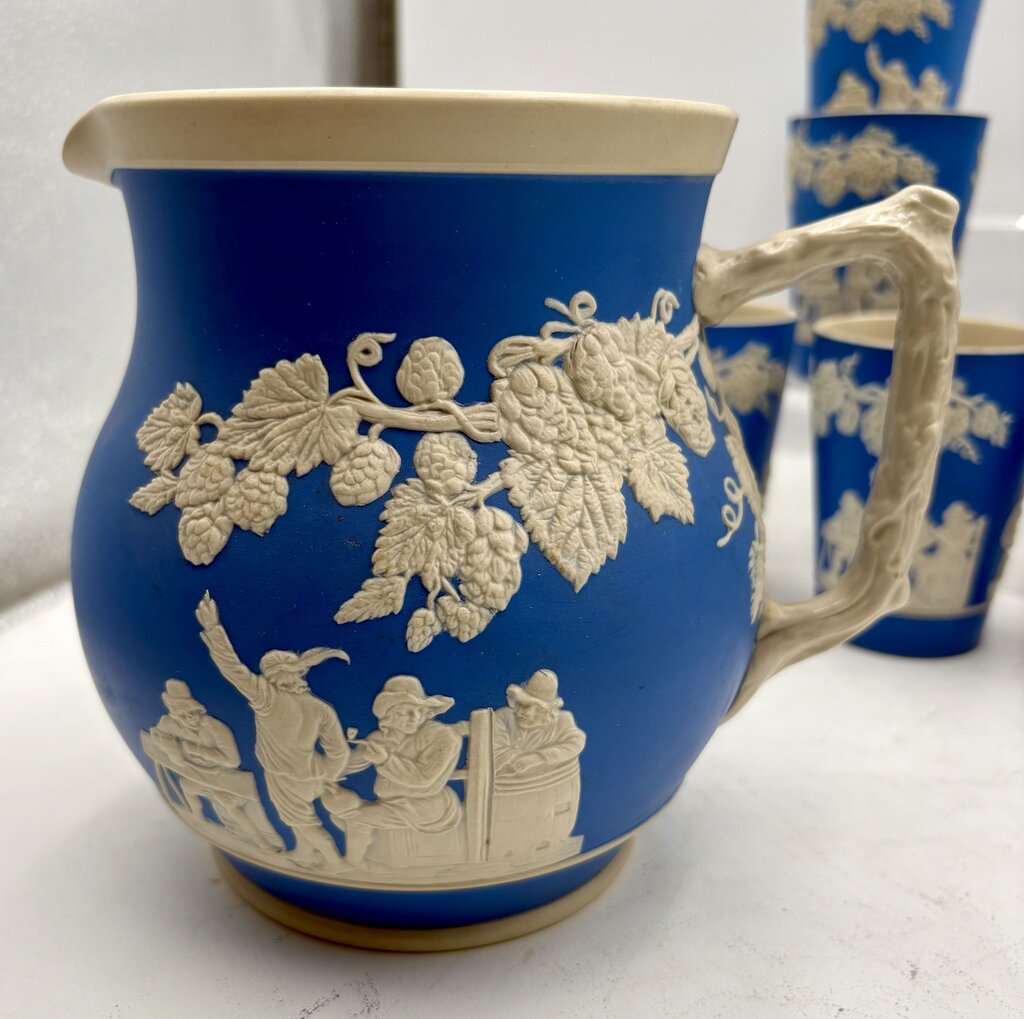 Antique Copeland Spode England Blue Sprigged Tavern Scene Jasperware Pitcher & Tumbler Set (13pcs)