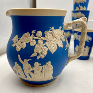 Antique Copeland Spode England Blue Sprigged Tavern Scene Jasperware Pitcher & Tumbler Set (13pcs)