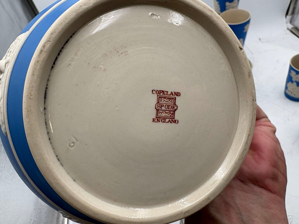 Antique Copeland Spode England Blue Sprigged Tavern Scene Jasperware Pitcher & Tumbler Set (13pcs)