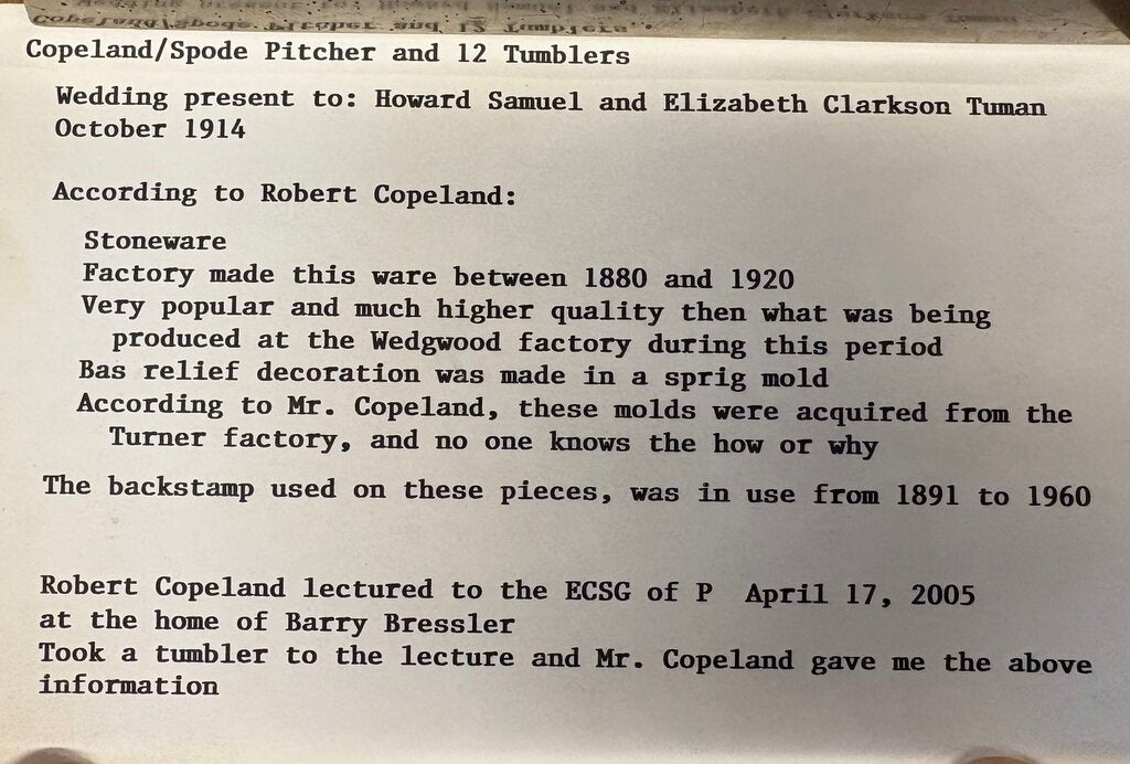 Antique Copeland Spode England Blue Sprigged Tavern Scene Jasperware Pitcher & Tumbler Set (13pcs)