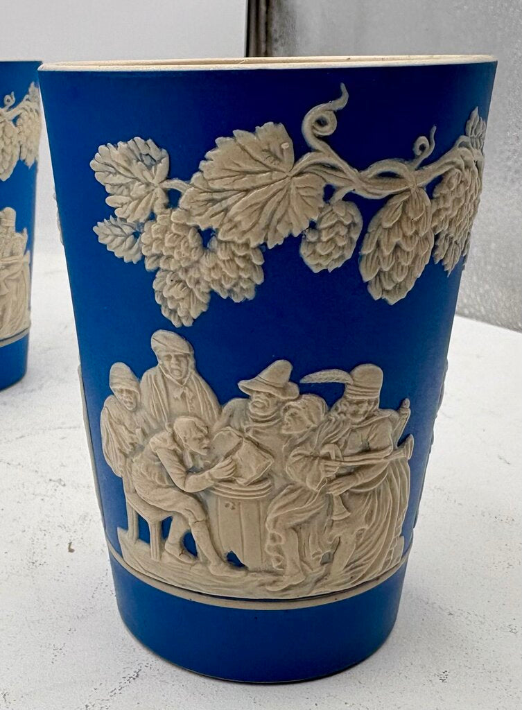 Antique Copeland Spode England Blue Sprigged Tavern Scene Jasperware Pitcher & Tumbler Set (13pcs)