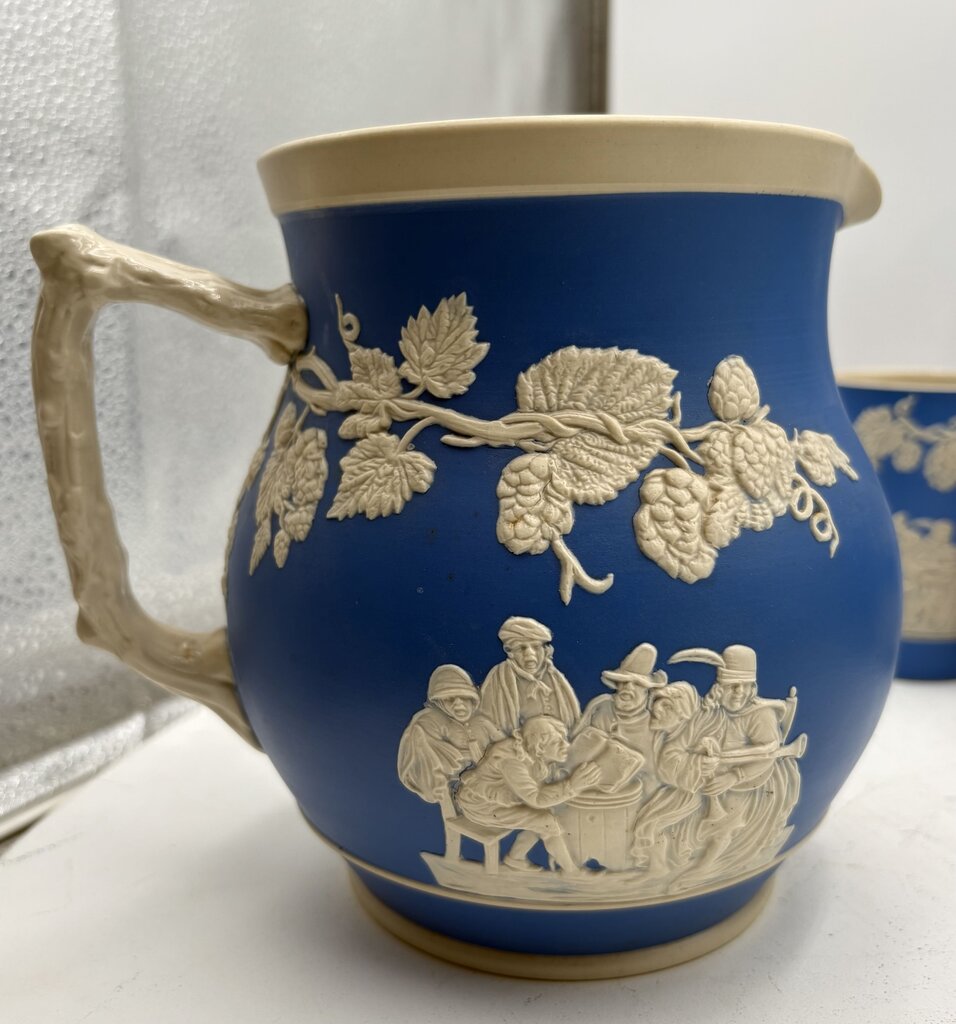 Antique Copeland Spode England Blue Sprigged Tavern Scene Jasperware Pitcher & Tumbler Set (13pcs)