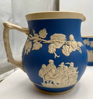 Antique Copeland Spode England Blue Sprigged Tavern Scene Jasperware Pitcher & Tumbler Set (13pcs)
