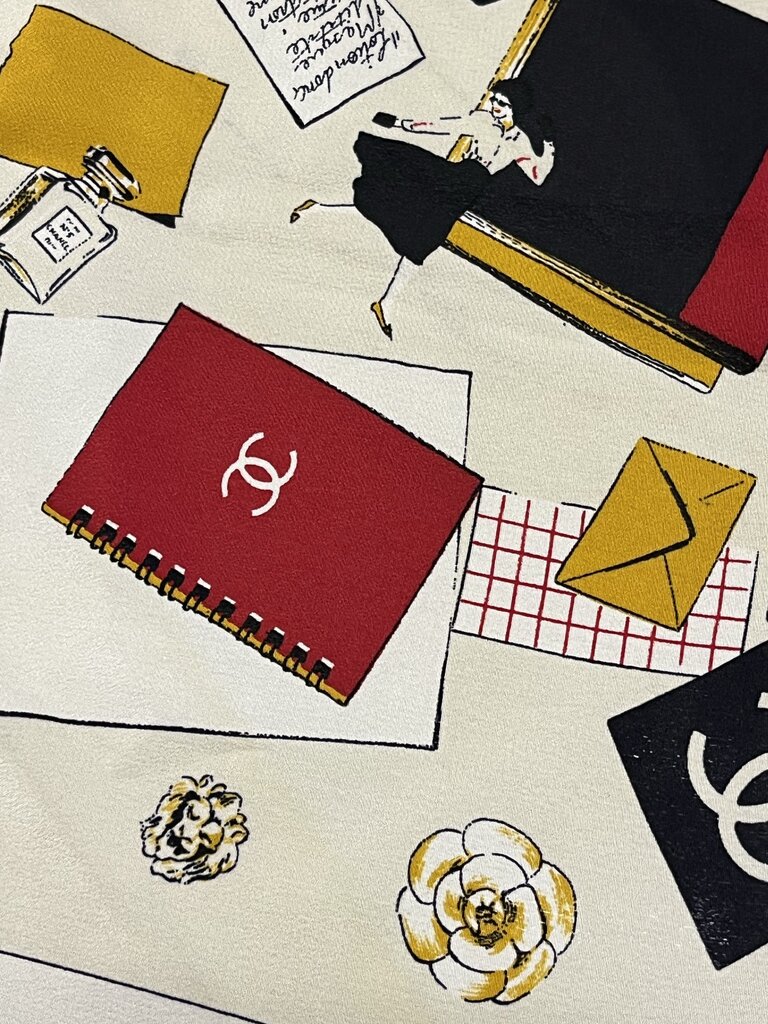 Vintage CHANEL Red Yellow Black on Cream Silk Scarf 33x33