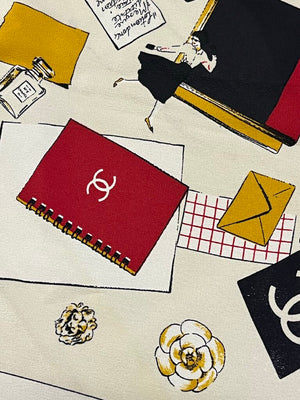 Vintage CHANEL Red Yellow Black on Cream Silk Scarf 33x33