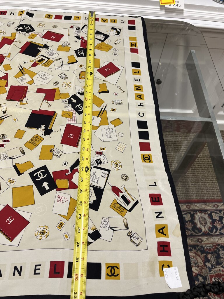 Vintage CHANEL Red Yellow Black on Cream Silk Scarf 33x33