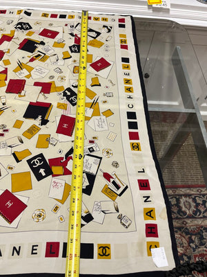Vintage CHANEL Red Yellow Black on Cream Silk Scarf 33x33