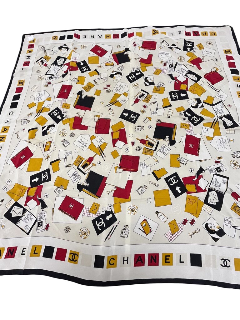 Vintage CHANEL Red Yellow Black on Cream Silk Scarf 33x33