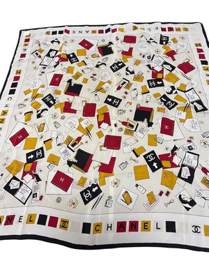Vintage CHANEL Red Yellow Black on Cream Silk Scarf 33x33