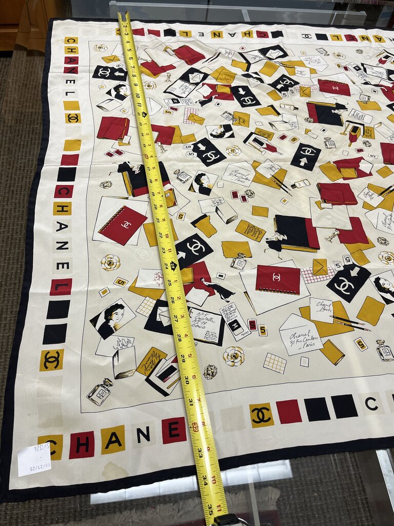 Vintage CHANEL Red Yellow Black on Cream Silk Scarf 33x33
