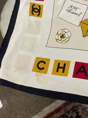 Vintage CHANEL Red Yellow Black on Cream Silk Scarf 33x33