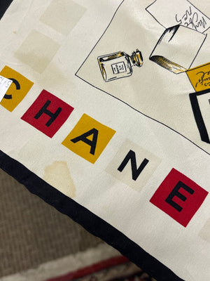 Vintage CHANEL Red Yellow Black on Cream Silk Scarf 33x33
