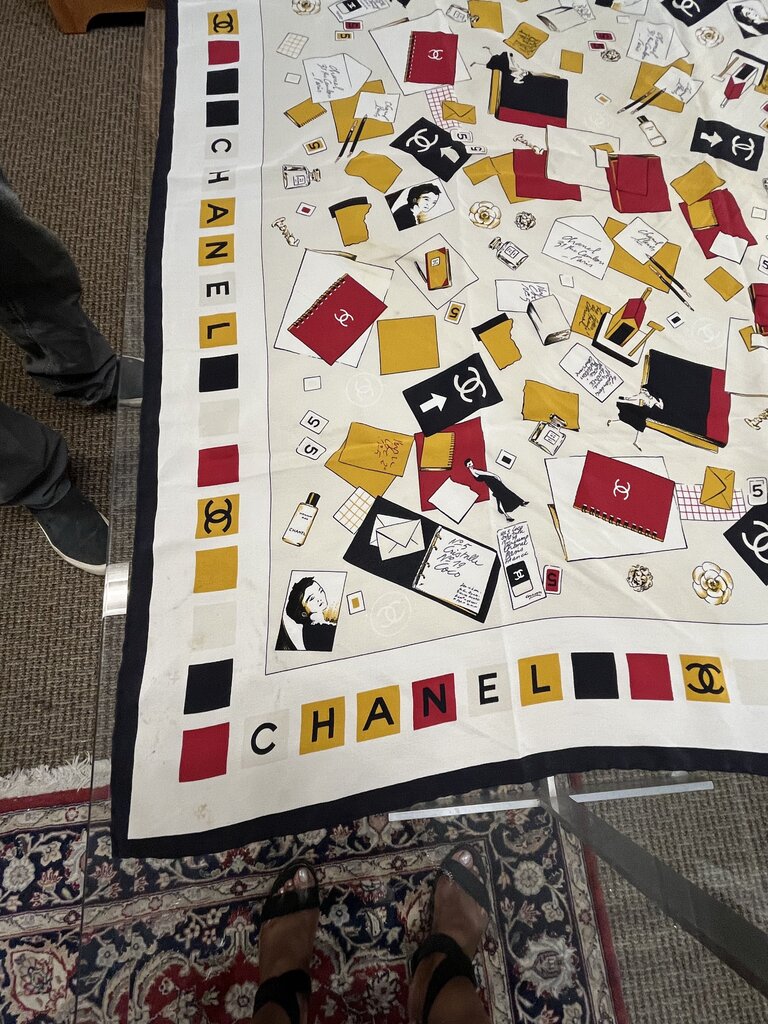 Vintage CHANEL Red Yellow Black on Cream Silk Scarf 33x33