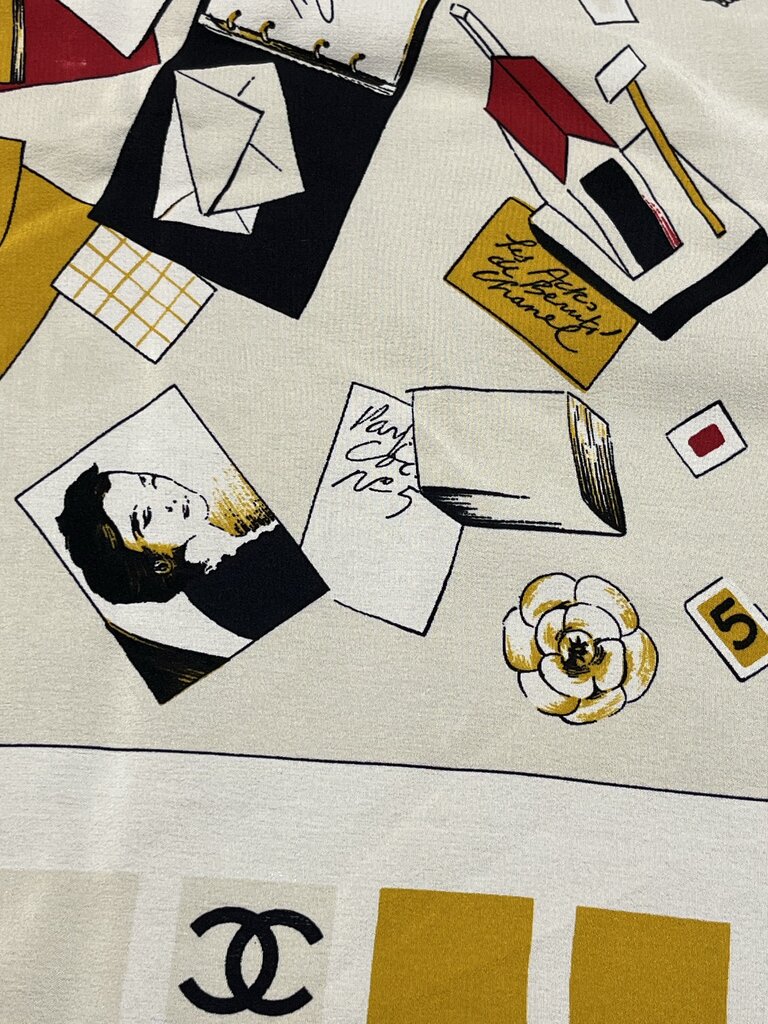 Vintage CHANEL Red Yellow Black on Cream Silk Scarf 33x33