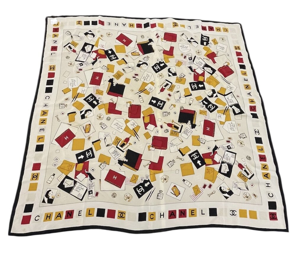 Vintage CHANEL Red Yellow Black on Cream Silk Scarf 33x33