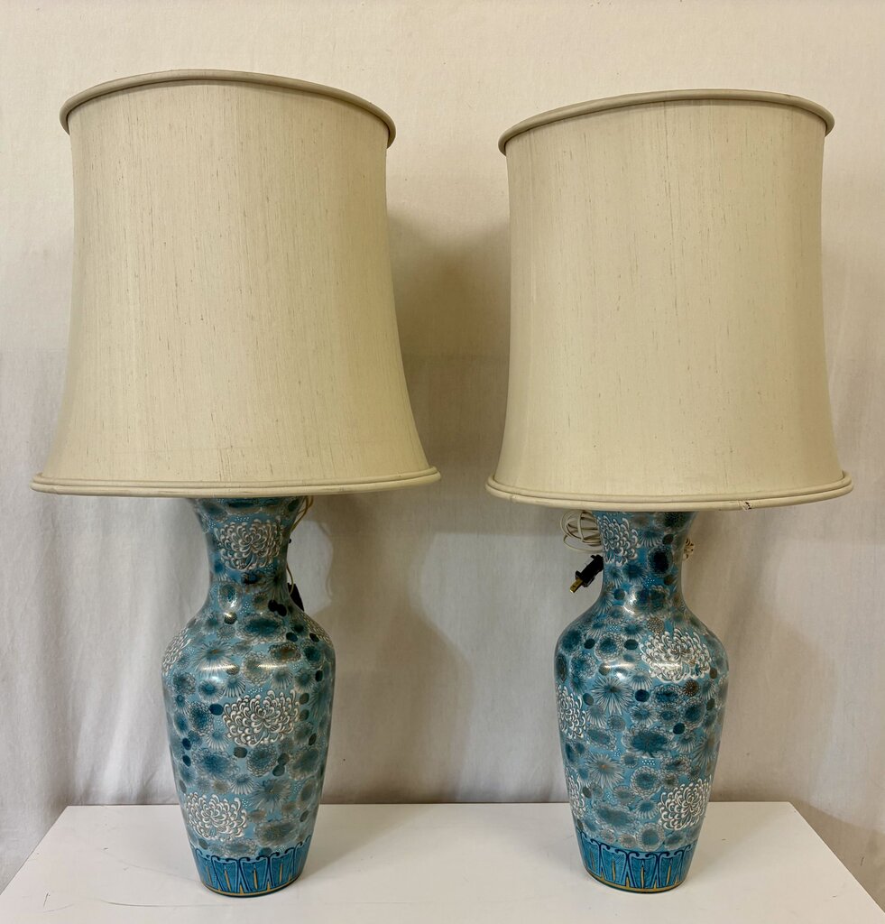 Mid 20th C. Chinese Teal Chrysanthemum Porcelain Vase Lamp Conversion Table Lamps (PAIR)