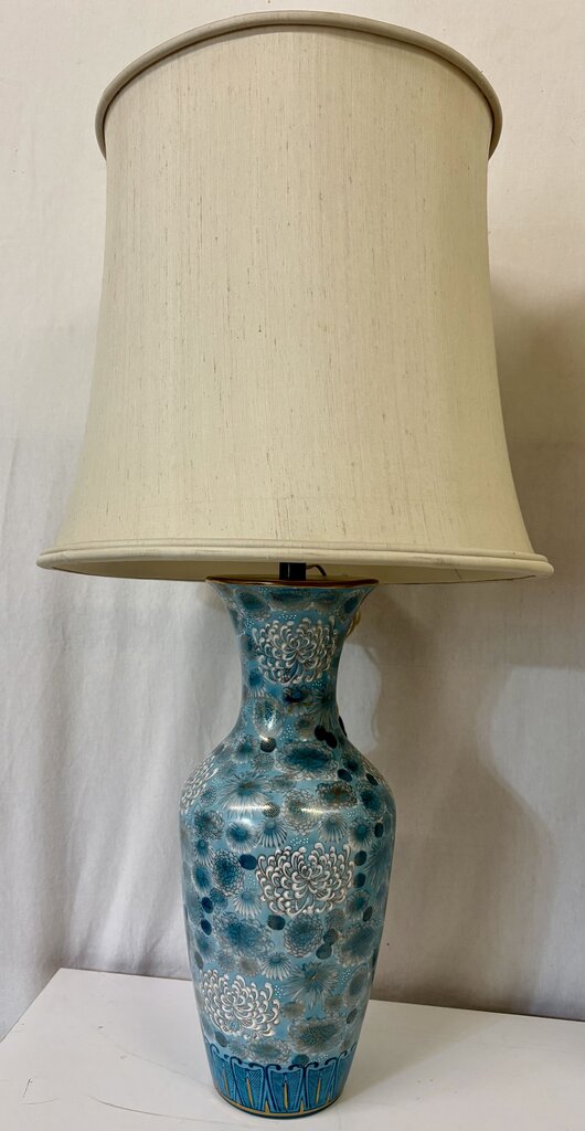 Mid 20th C. Chinese Teal Chrysanthemum Porcelain Vase Lamp Conversion Table Lamps (PAIR)