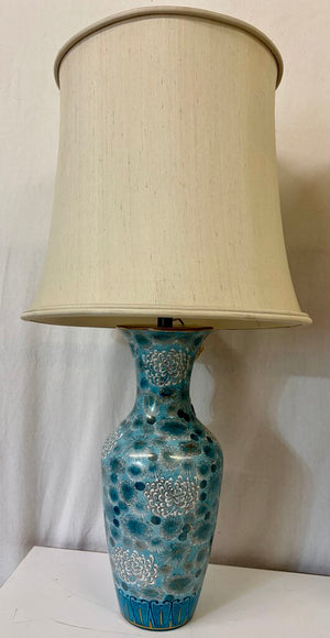 Mid 20th C. Chinese Teal Chrysanthemum Porcelain Vase Lamp Conversion Table Lamps (PAIR)