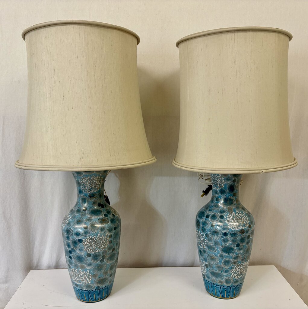 Mid 20th C. Chinese Teal Chrysanthemum Porcelain Vase Lamp Conversion Table Lamps (PAIR)