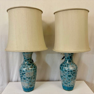 Mid 20th C. Chinese Teal Chrysanthemum Porcelain Vase Lamp Conversion Table Lamps (PAIR)