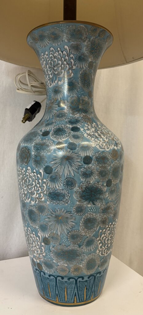 Mid 20th C. Chinese Teal Chrysanthemum Porcelain Vase Lamp Conversion Table Lamps (PAIR)