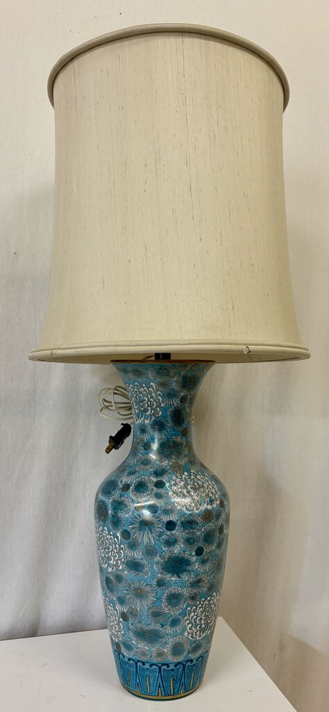 Mid 20th C. Chinese Teal Chrysanthemum Porcelain Vase Lamp Conversion Table Lamps (PAIR)