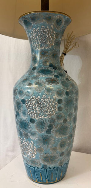 Mid 20th C. Chinese Teal Chrysanthemum Porcelain Vase Lamp Conversion Table Lamps (PAIR)