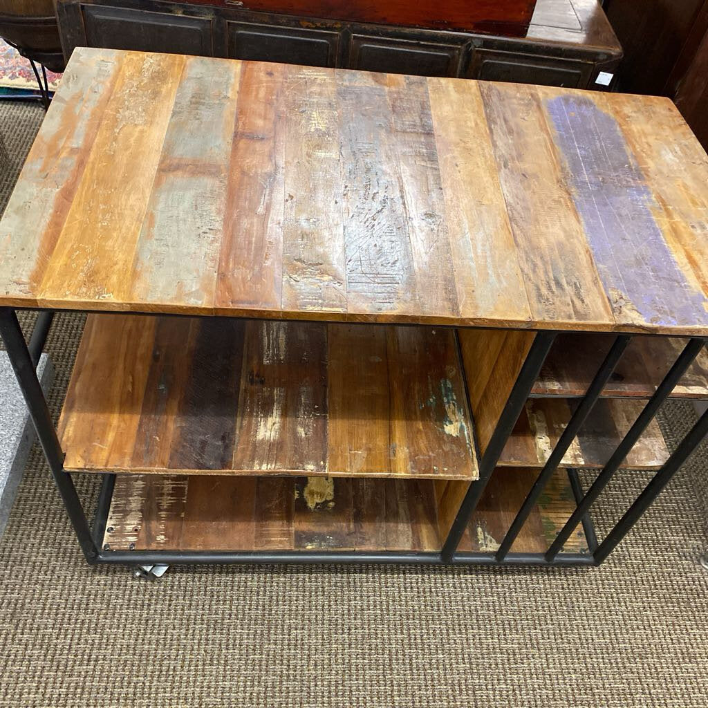 Rustic Wooden Rolling Bar Cart 43x24x34