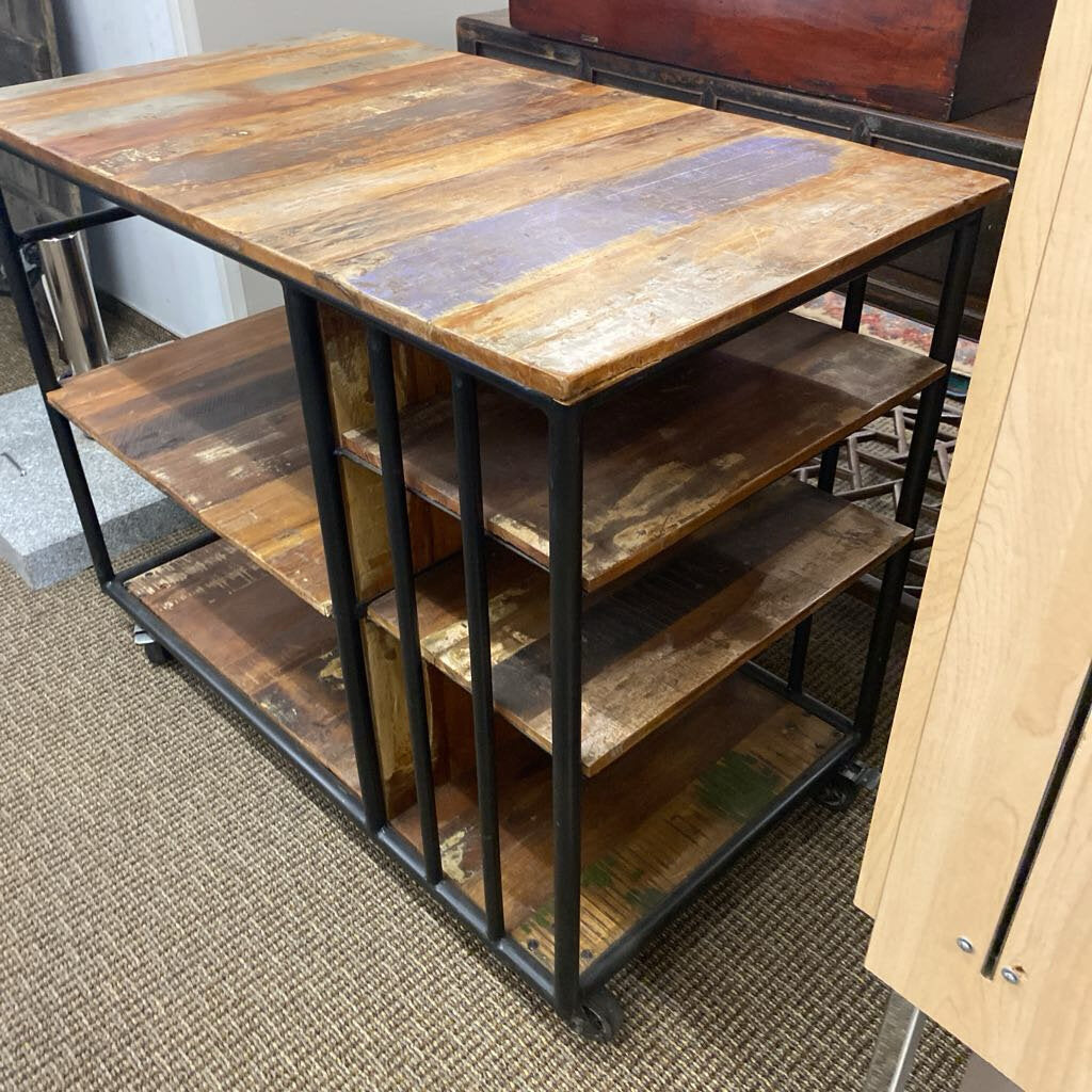 Rustic Wooden Rolling Bar Cart 43x24x34