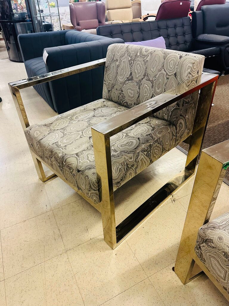 Milo Baughman Attr Agate Print Gold Frame Chairs (pair)
