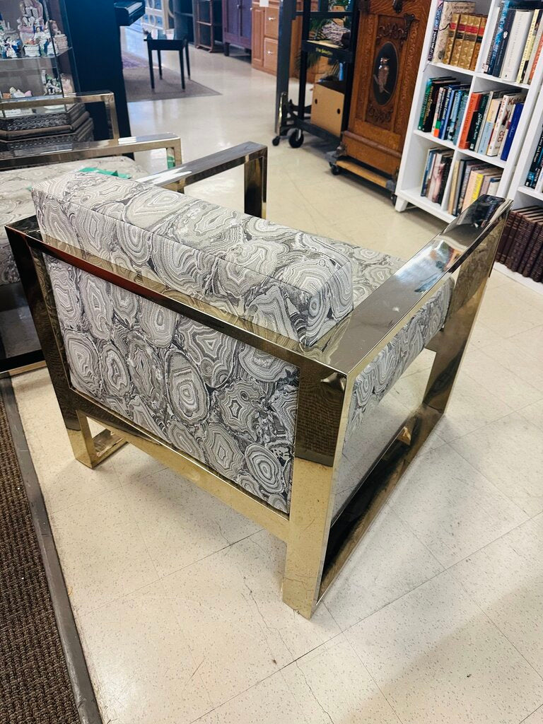 Milo Baughman Attr Agate Print Gold Frame Chairs (pair)