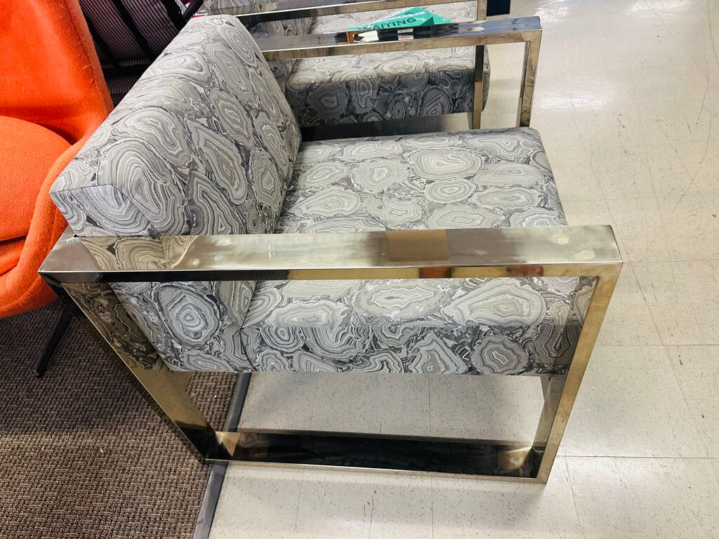 Milo Baughman Attr Agate Print Gold Frame Chairs (pair)