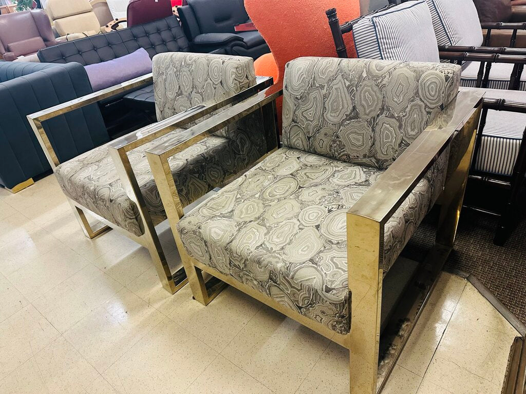Milo Baughman Attr Agate Print Gold Frame Chairs (pair)